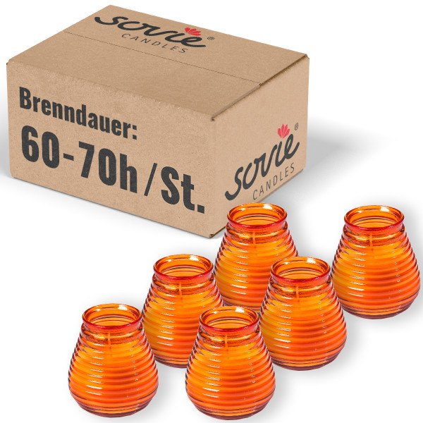 Glaswindlicht Flairlight in Orange, Brenndauer ca. 60-70 Std., Kerze im Glas - 6 Stück