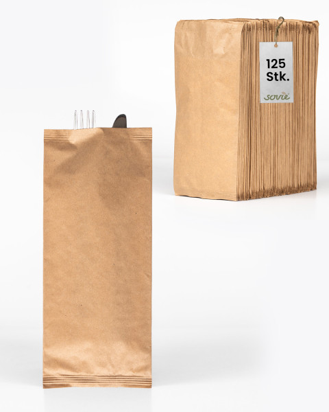 Papier-Bestecktasche in Naturbraun 11x25cm mit 2-lagiger Tissue-Serviette in Weiß, 125 Stück