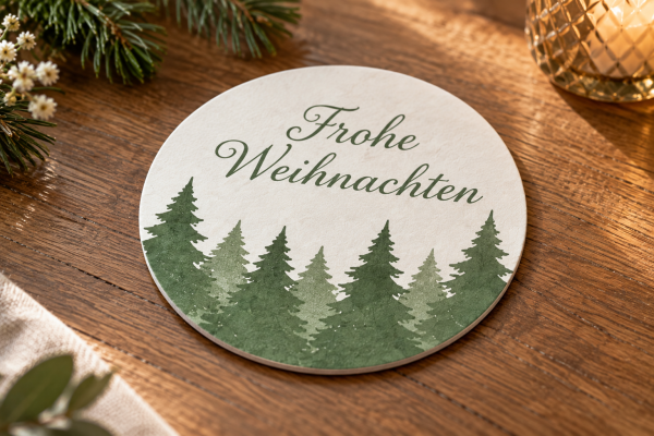 Bierdeckel "Frohe Weihnachten" in Salbei, Ø 10,7 cm, 100 Stück