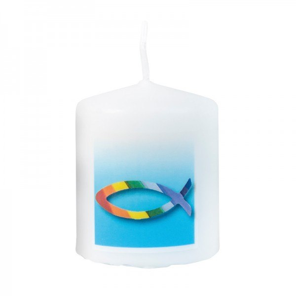 Stumpenkerze Konfirmation/Kommunion mit Regenbogenfisch, 1 Stück