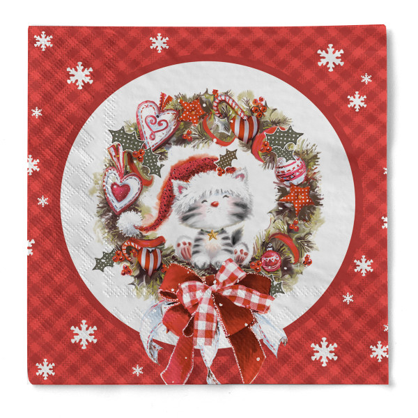 Weihnachtsserviette &quot;KITTY CAT&quot; aus Tissue 3-lagig, 33 x 33 cm, 20 Stück
