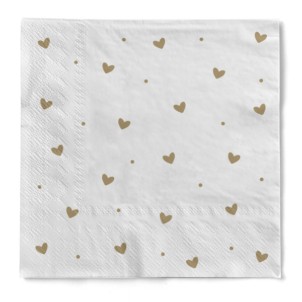 Serviette "Herzen" in Gold-Weiß aus Tissue 33 x 33 cm, 3-lagig, 1/4 Falz, 20 Stück