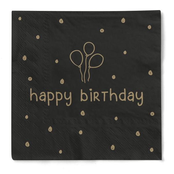 Serviette "Happy Birthday" in Gold-Schwarz aus Tissue 33 x 33 cm, 3-lagig, 1/4 Falz, 20 Stück
