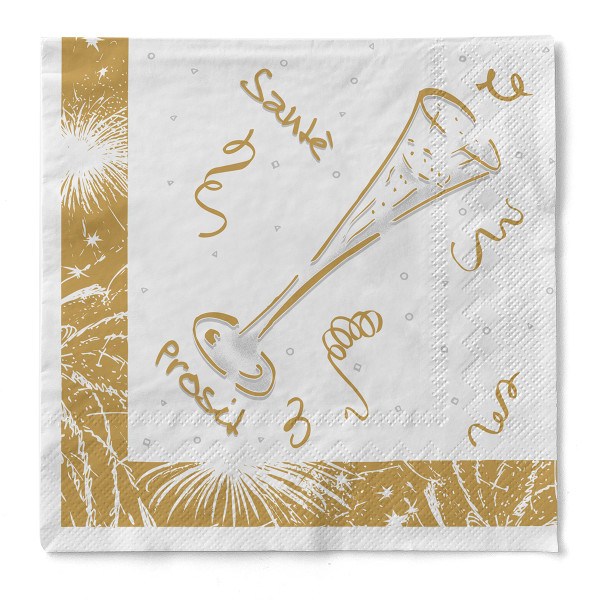 Serviette Silvester in Weiß-Gold aus Tissue 40 x 40 cm, 100 Stück