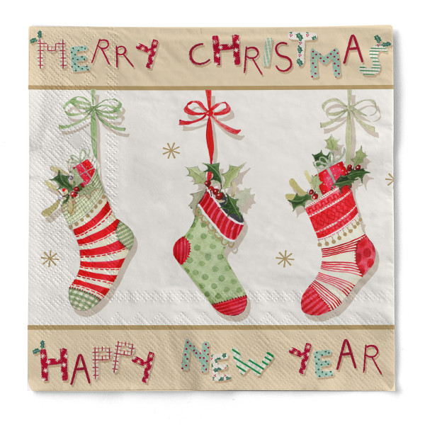 Weihnachtsserviette &quot;Santas Socks&quot; aus Tissue 3-lagig, 33 x 33 cm, 20 Stück