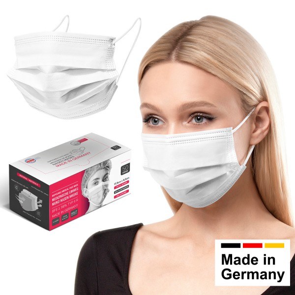 Medizinische Mundschutz-Maske Typ IIR, OP-Maske in Weiß, hergestellt in Deutschland, 50 Stk.