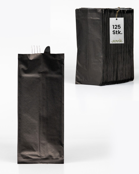 Papier-Bestecktasche in Schwarz 11x25cm mit 2-lagiger Tissue-Serviette in Weiß, 125 Stück