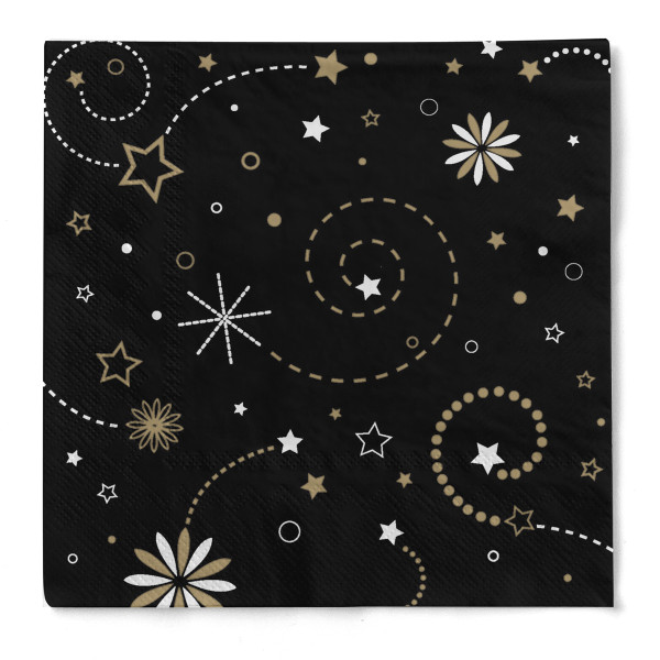 Cocktail-Serviette &quot;Fireworks&quot; in Schwarz-Gold aus Tissue 3-lagig, 25 x 25 cm, 20 Stück