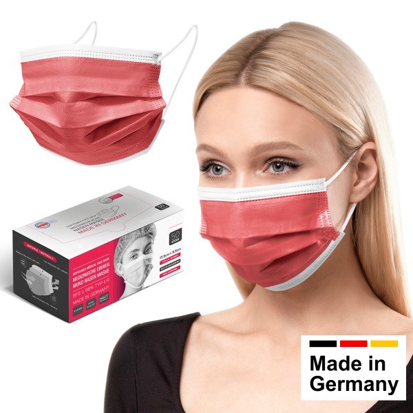 Medizinische Mundschutz-Maske Typ IIR, OP-Maske in Rot, hergestellt in Deutschland, 50 Stk.