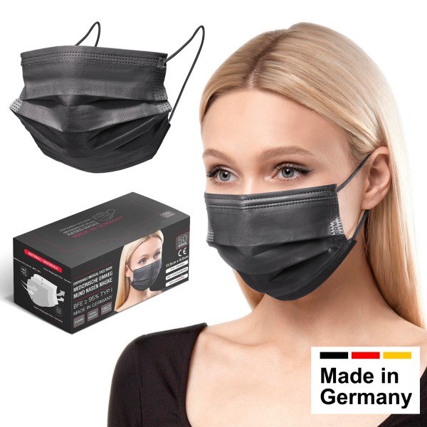 Medizinische Mundschutz-Maske Typ I, OP-Maske in Schwarz, hergestellt in Deutschland, 50 Stk.