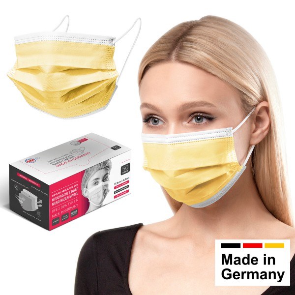 Medizinische Mundschutz-Maske Typ IIR, OP-Maske in Gelb, hergestellt in Deutschland, 50 Stk.