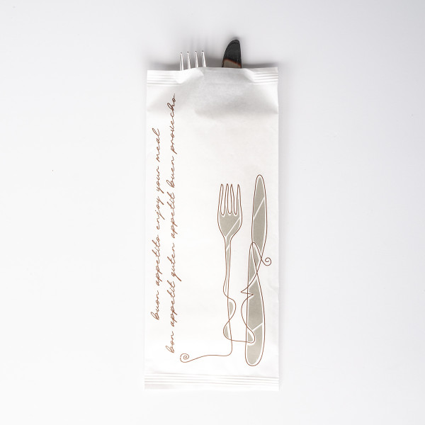 Papier-Bestecktasche Guten Appetit in weiß 11x25cm mit 2-lagiger Tissue-Serviette in Weiß, 8x125 St.