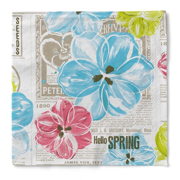 Serviette Hello Spring in Pink-Türkis aus Tissue 33 x 33 cm, 100 Stück