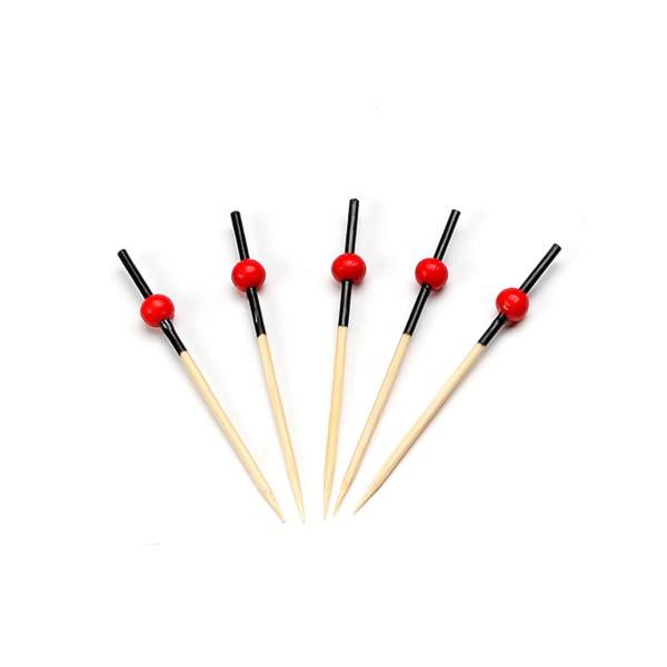 Picker aus Bambus in Schwarz mit kleiner roter Kugel , 70 mm, 250 Stück