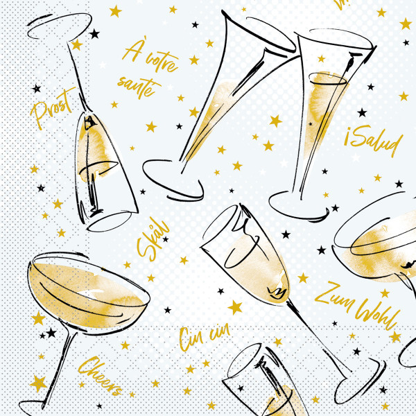 Silvester Serviette Cheers aus Tissue 3-lagig, 33 x 33 cm, 1/4 Falz, 100 Stück