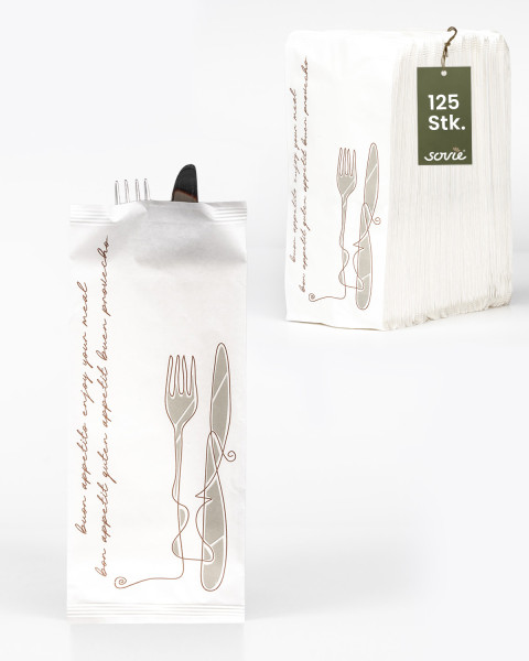 Papier-Bestecktasche Guten Appetit in weiß 11x25cm mit 2-lagiger Tissue-Serviette in Weiß, 125 Stück