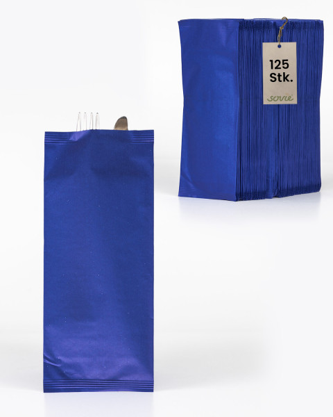 Papier-Bestecktasche in Blau 11x25cm mit 2-lagiger Tissue-Serviette in Weiß, 125 Stück