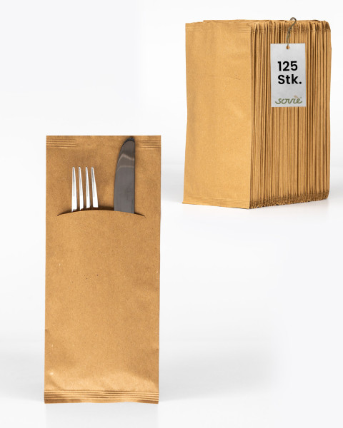 Papier-Bestecktasche mit Schlitz in Braun 11x25cm mit 2-lagiger Tissue-Serviette in Weiß, 8x125 St.