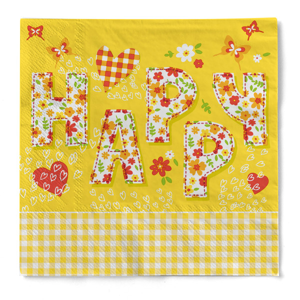 Serviette &quot;Happy&quot; in Gelb aus Tissue 33 x 33 cm, 3-lagig, 20 Stück