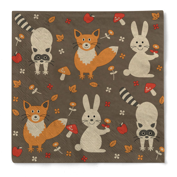 Serviette &quot;Three Buddies&quot; (Waldtiere) in Braun aus Tissue 33 x 33 cm, 20 Stück