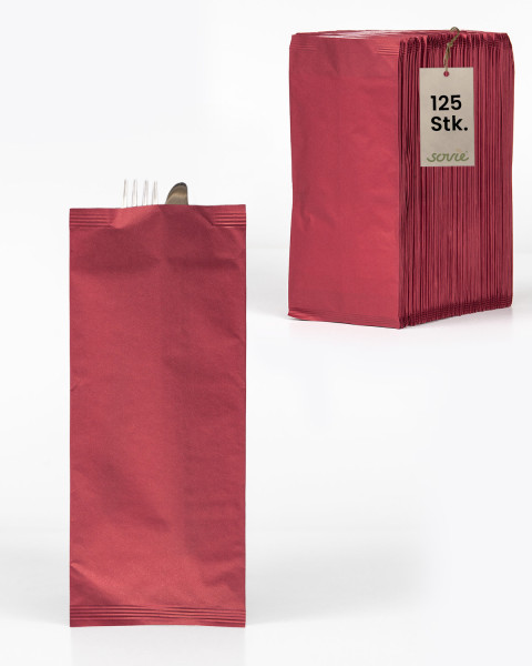 Papier-Bestecktasche in Bordeaux 11x25cm mit 2-lagiger Tissue-Serviette in Weiß, 125 Stück
