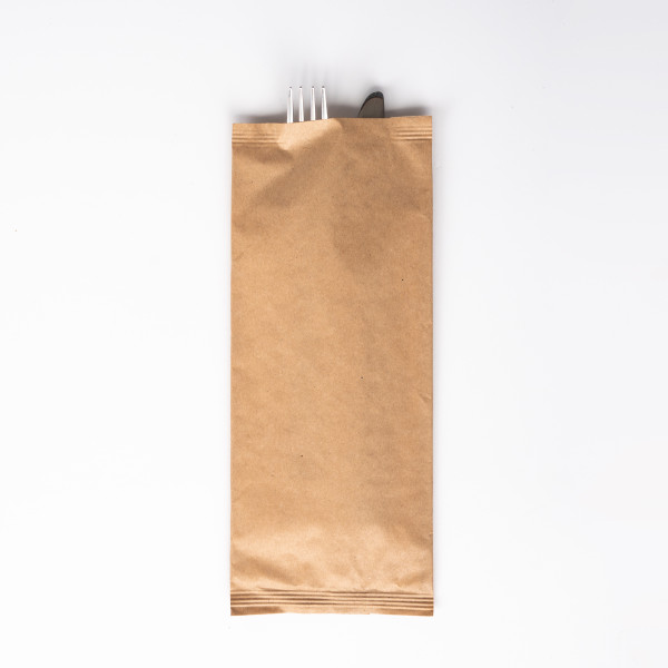 Papier-Bestecktasche in Naturbraun 11x25cm mit 2-lagiger Tissue-Serviette in Weiß, 8x125 Stück