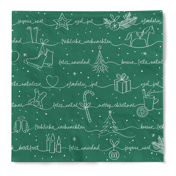 Weihnachtsserviette Ravin in Grün-Weiß aus Tissue 3-lagig, 33 x 33 cm, 1/4 Falz, 100 Stück