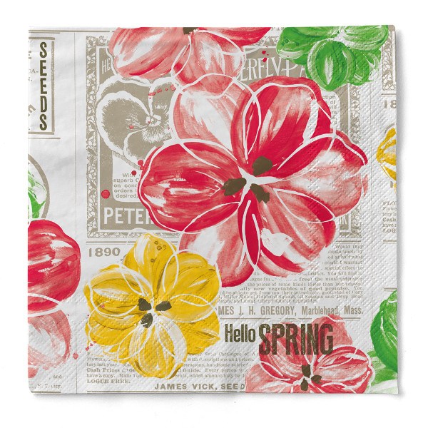 Serviette Hello Spring in Gelb-Rot aus Tissue 33 x 33 cm, 20 Stück
