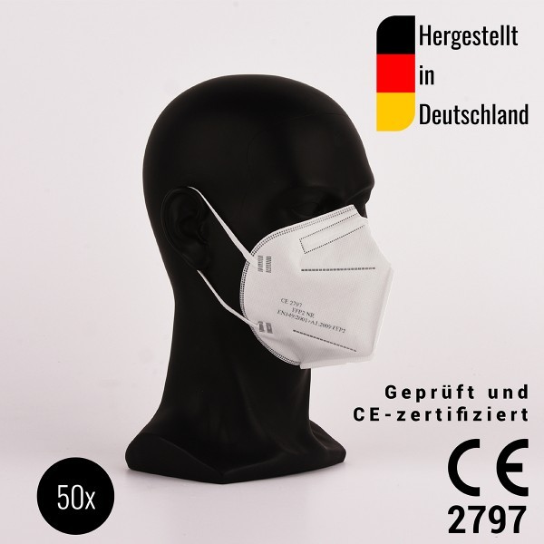 50 Stück FFP2 Halbmasken, zertifiziert CE2797 - hergestellt in Deutschland - Atemschutzmaske
